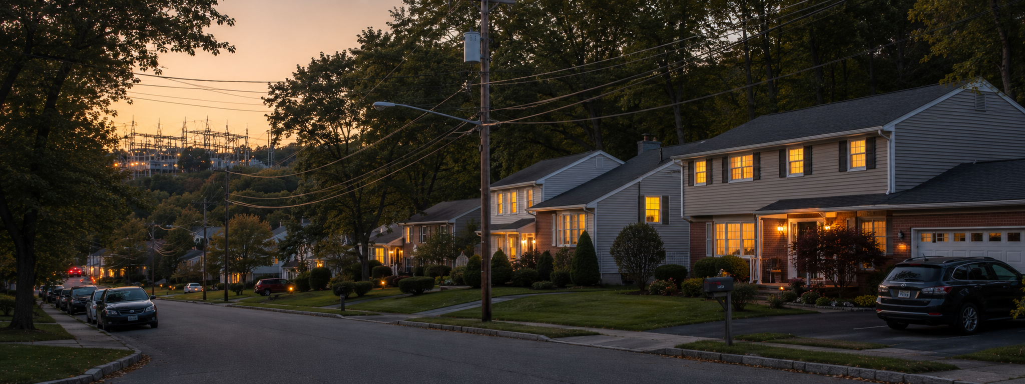 A wide horizontal shot of a New Jersey suburban neighborhood at peak utility load hour: colonials and split-levels with lights coming on inside houses, subtle utility infrastructure in frame, late afternoon to early evening light