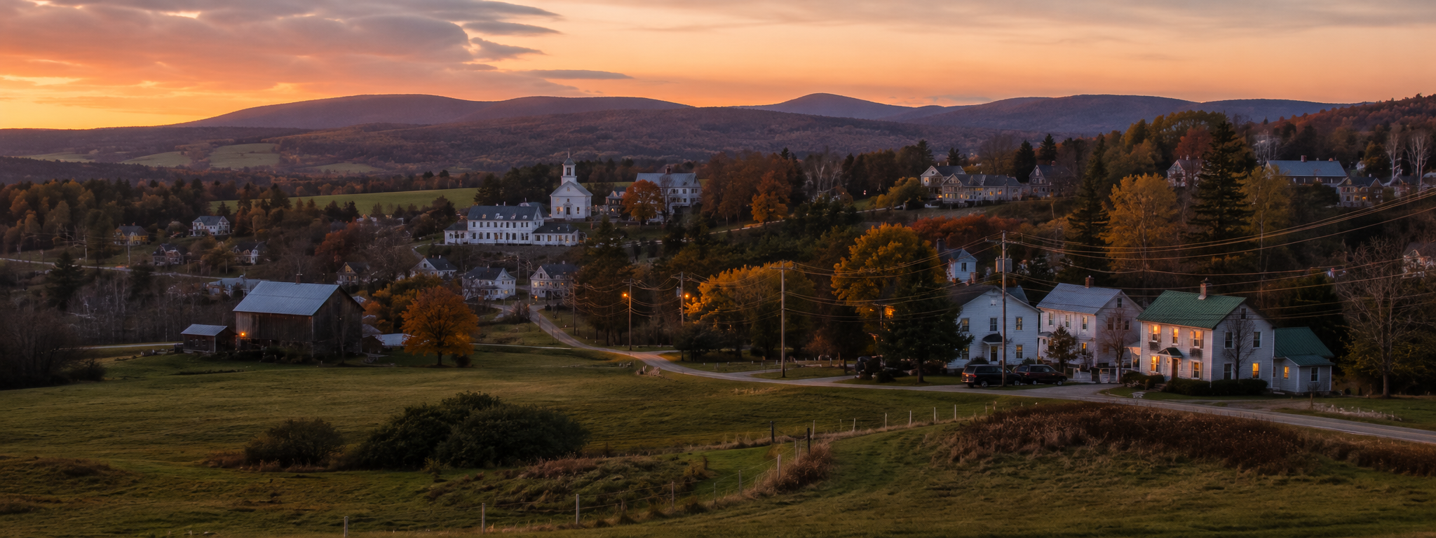 A wide horizontal Vermont scene at end of day: a small town main street or hillside cluster of houses with lights coming on inside, distribution lines threading between poles, distant mountains under a soft late-afternoon sky